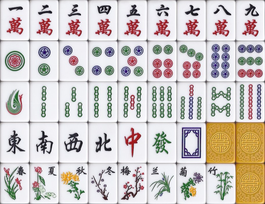 Un juego de MCR, con una ficha de cada tipo. De cada una hay cuatro copias, salvo las flores y las estaciones, que son únicas.